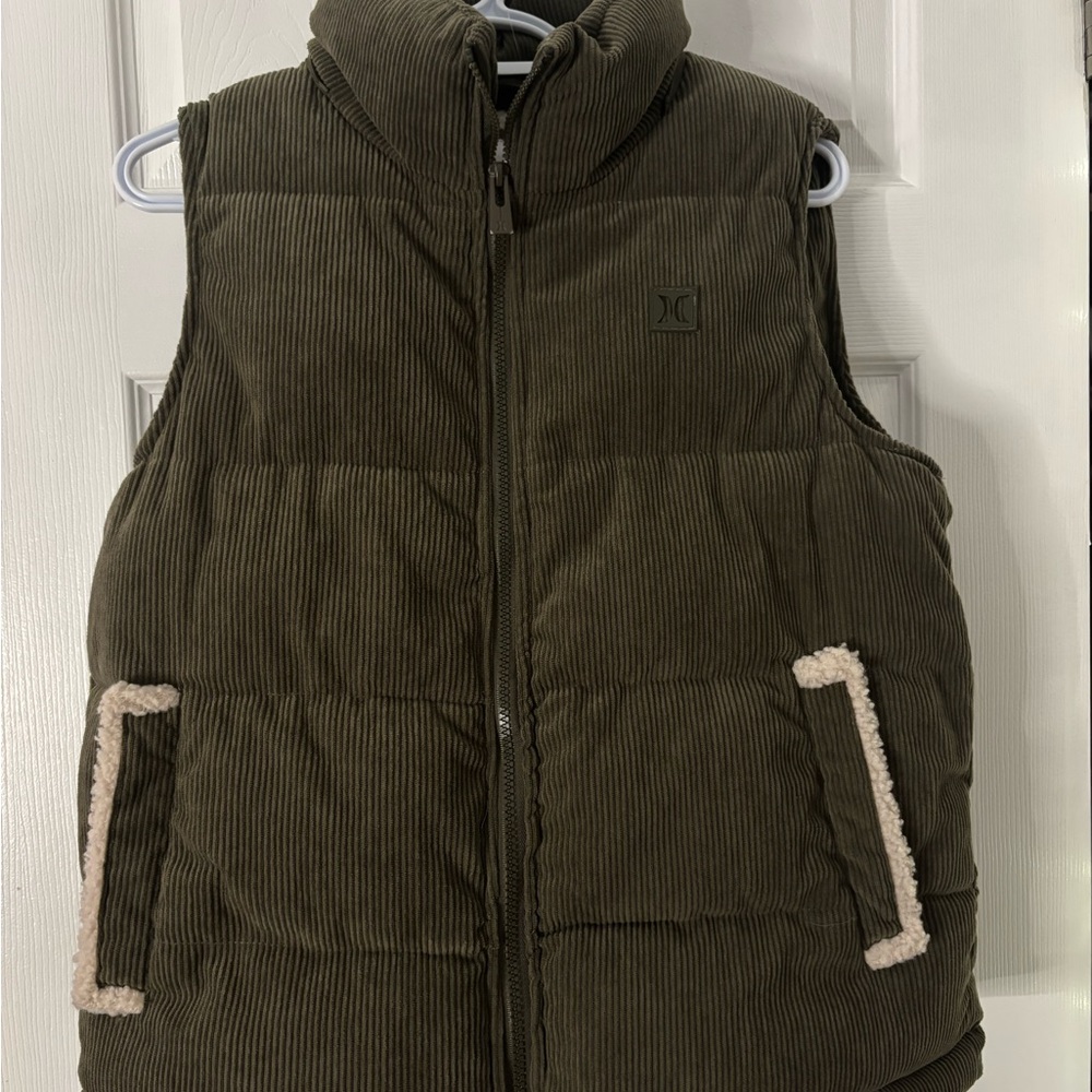 Olive Green Puffer Vest with Sherpa Trim